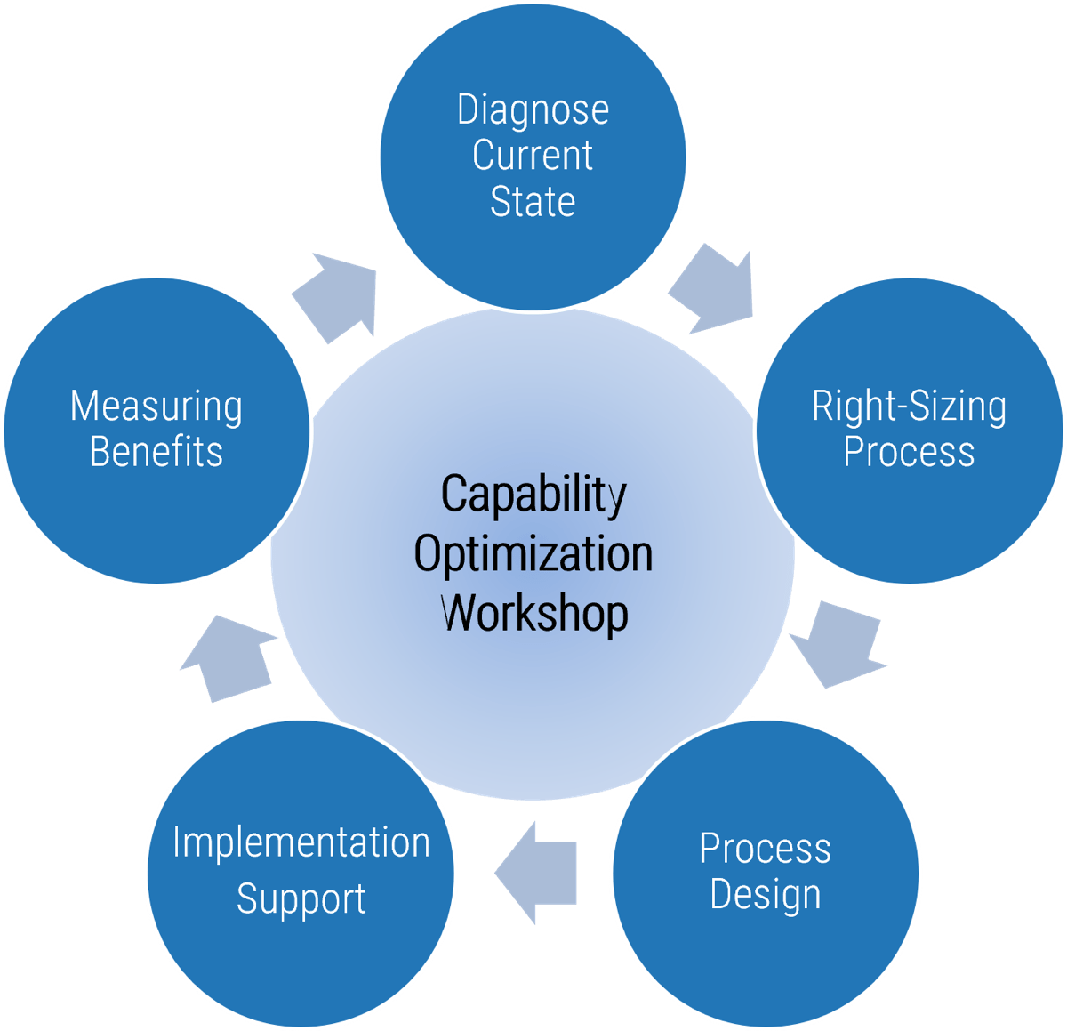 Cycle titled 'Capability Optimization Workshop' with steps 'Diagnose Current State', 'Right-Sizing Process', 'Process Design', 'Implementation Support', and 'Measuring Benefits'.