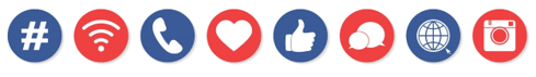 A line of social media icons such as hashtags, hearts, and likes.